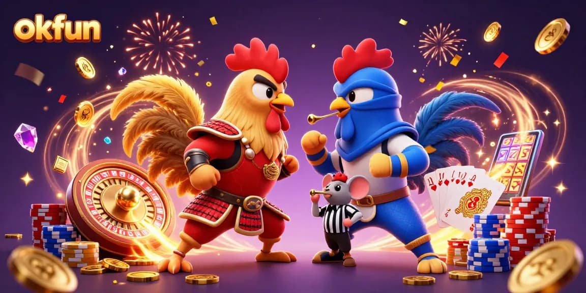 Battle of twin fighting roosters at okfun, amidst cascading coins and festive casino elements.