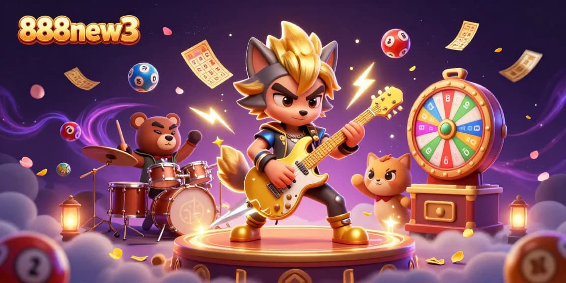 Experience the vibrant energy of 888new3 with a rock star wolf, colorful lottery balls, and dynamic casino effects.