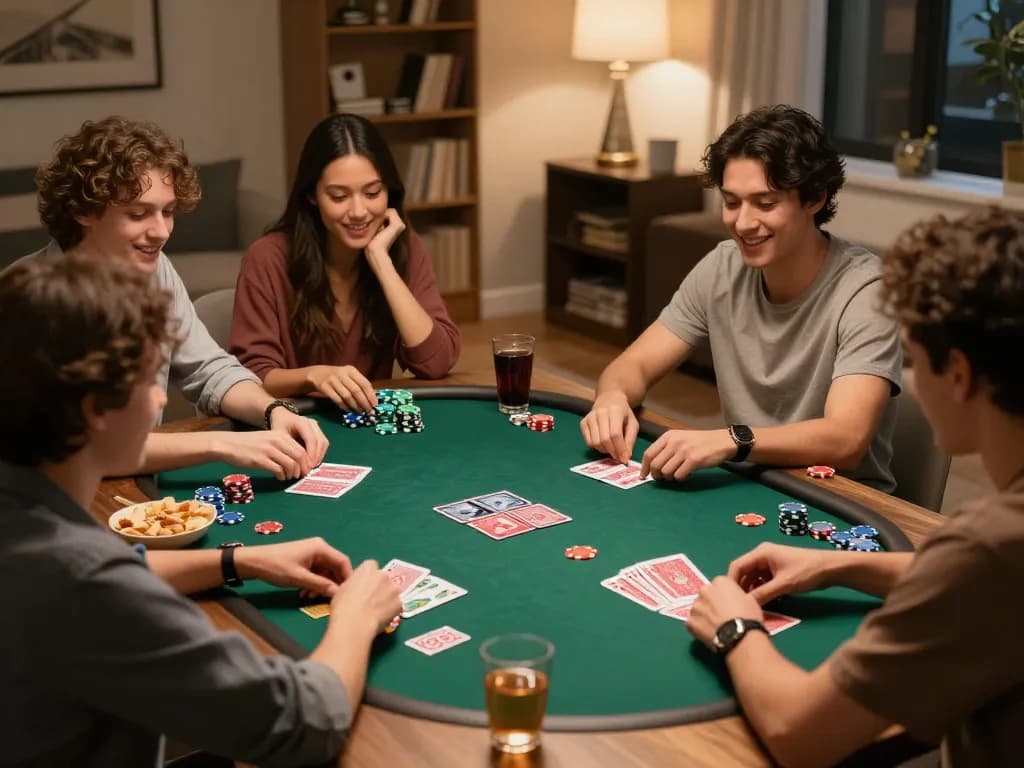 Friends enjoying a poker game night at home with vibrant chips and cards, highlighting J88's strategic gaming
