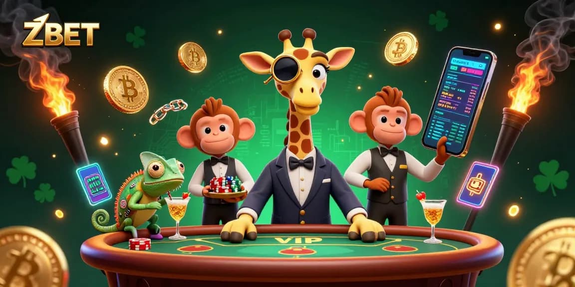 ZBET showcases a high-roller giraffe at a poker table surrounded by crypto elements and bright visuals.