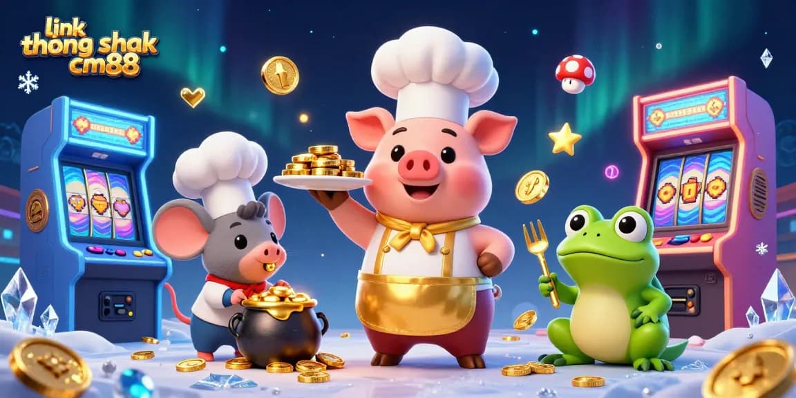 Engage with link không chặn cm88 as a chef pig serves golden coins amidst a vibrant casino explosion.