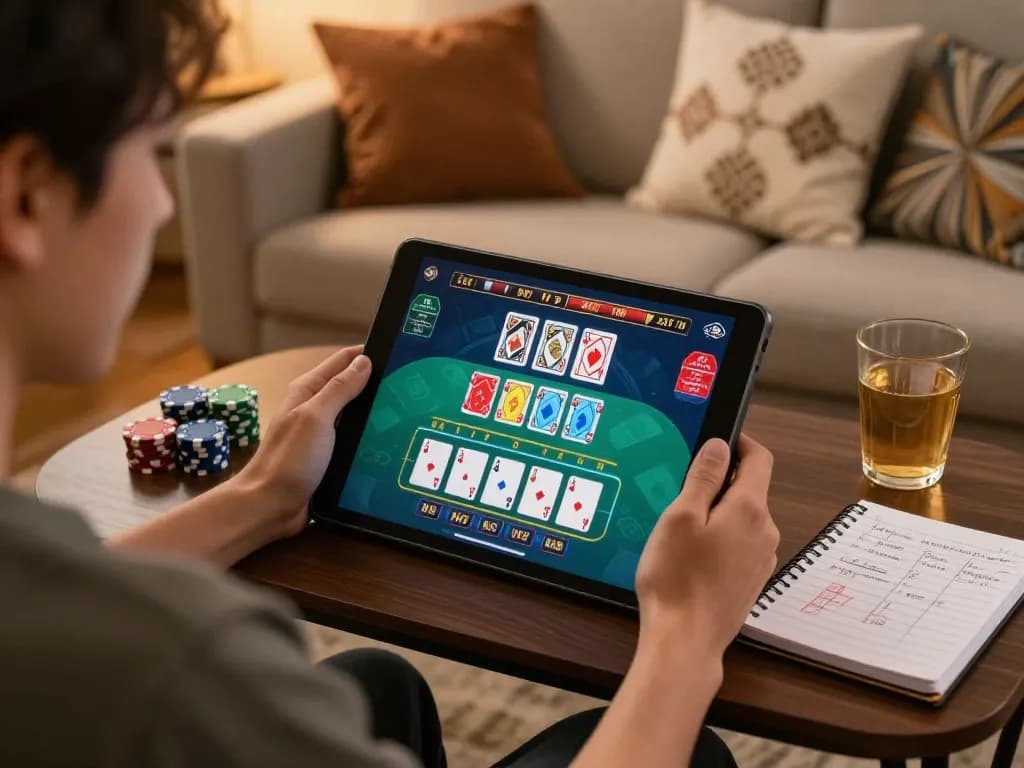Playing blackjack on fun88 app with vibrant cards and chips in a cozy home setting
