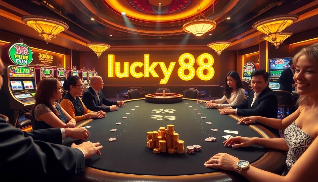 Experience the excitement of lucky88 fun at a vibrant casino, featuring poker tables and slot machines.