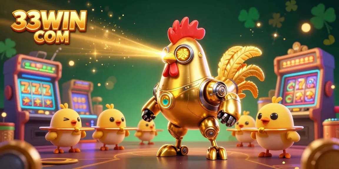 Engage in gaming excitement with 33WIN COM and a retro futuristic golden rooster robot leading a dynamic gaming scene.