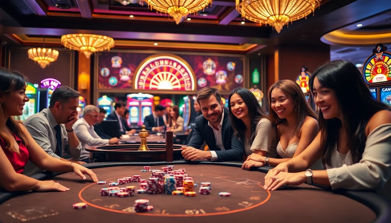 Experience the excitement of game 33win at a luxurious casino table with vibrant slot machines and poker chips.