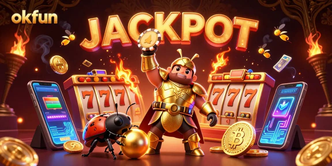 okfun players celebrate a jackpot win with vivid characters and casino elements in this 3D illustration.