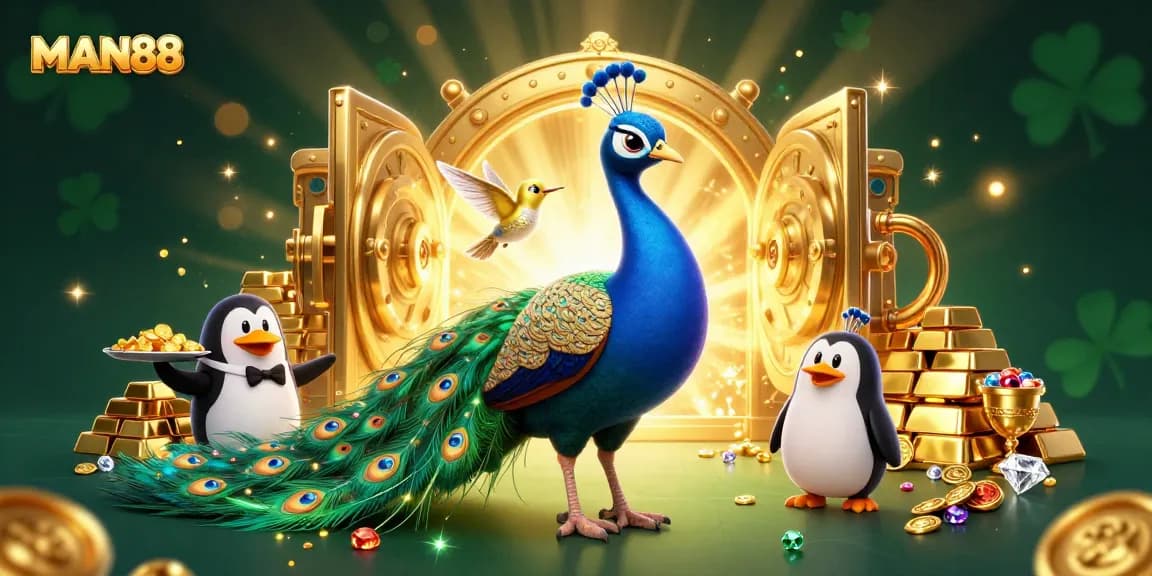 Experience the thrilling excitement of MAN88 with a vibrant casino-themed illustration featuring a peacock and penguin.
