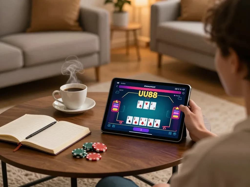 Engaging in UU88 poker game on a tablet, showcasing home gaming atmosphere with strategy notes.