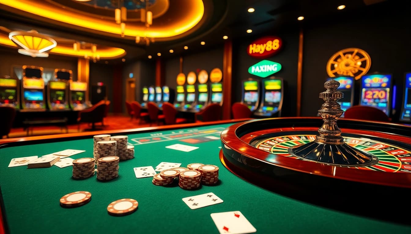 Experience thrilling gaming at https://hay88.my/: Luxurious casino tables, chips, and digital interfaces await.