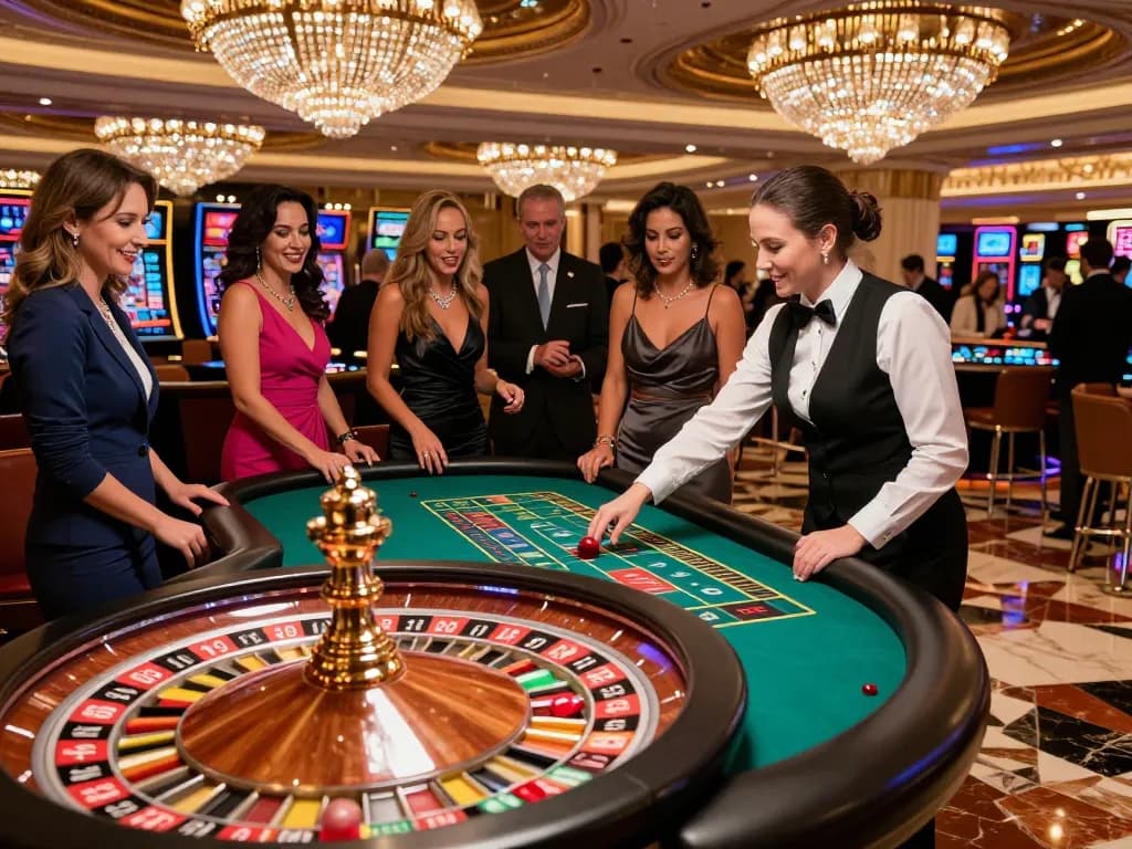 Players enjoying a thrilling roulette game at CM88's premium casino, with vibrant lights and high stakes