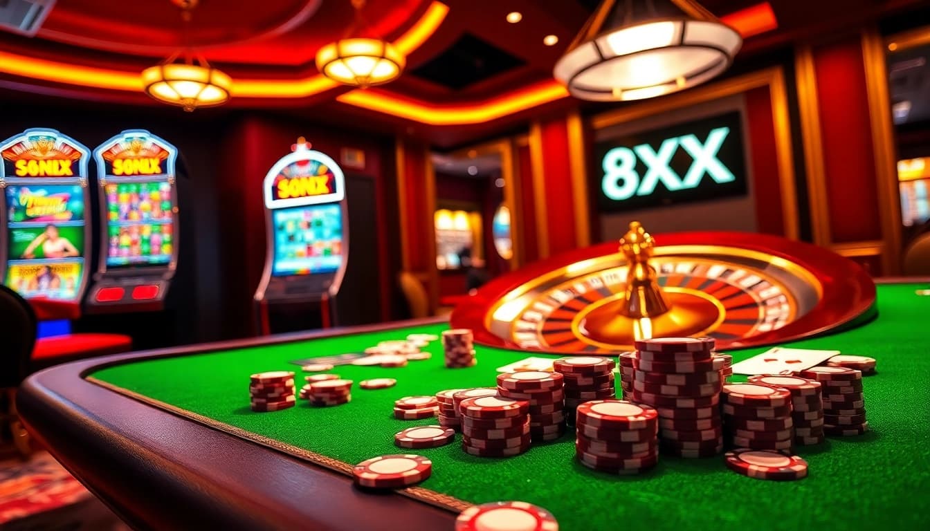Exciting casino scene showcasing 8XX betting tables with vibrant poker chips and luxurious roulette wheel.