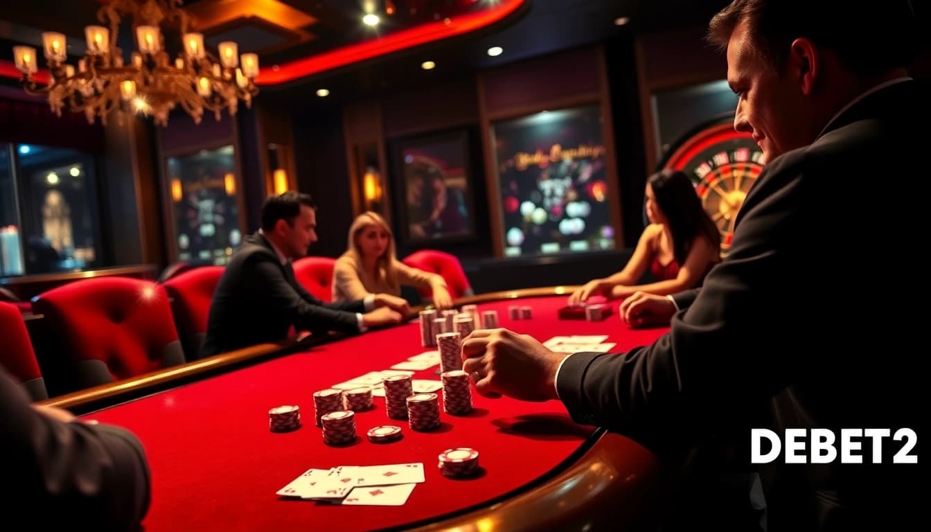 Players enjoying a thrilling poker game in a luxurious casino setting featuring DEBET 2.