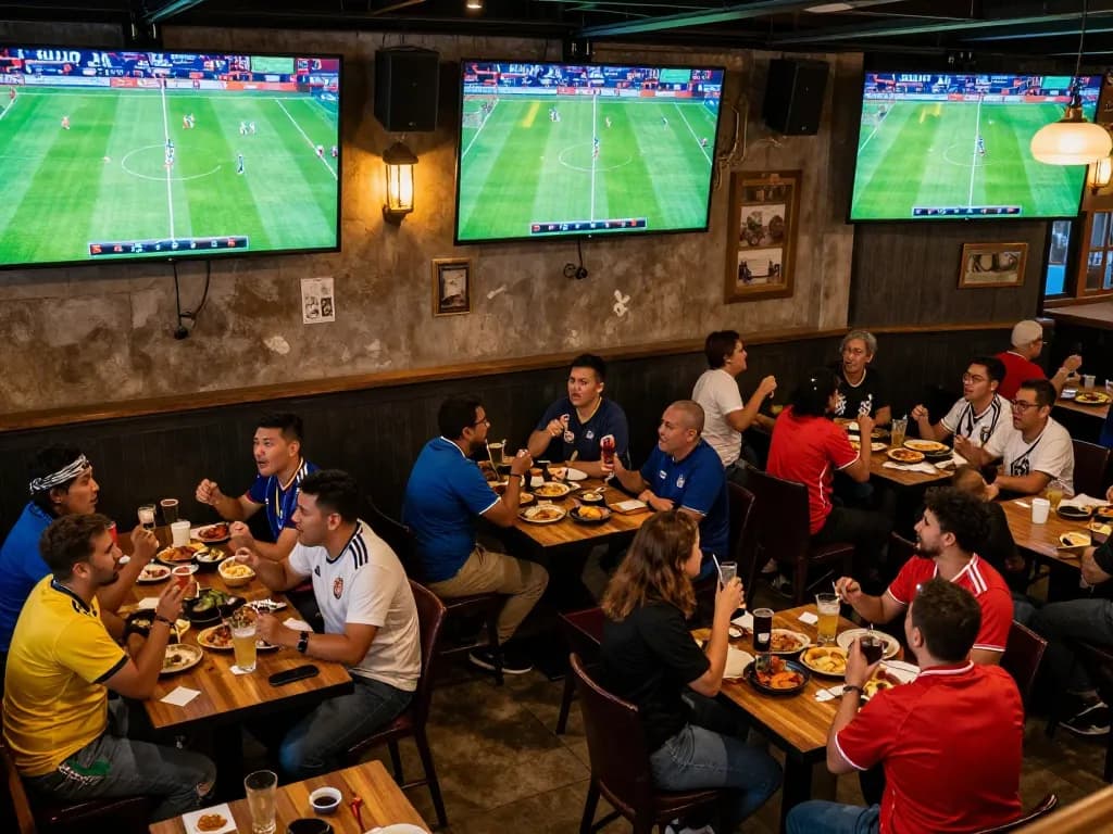 Fans celebrating bóng đá trực tiếp matches in a lively sports bar environment with multiple screens.