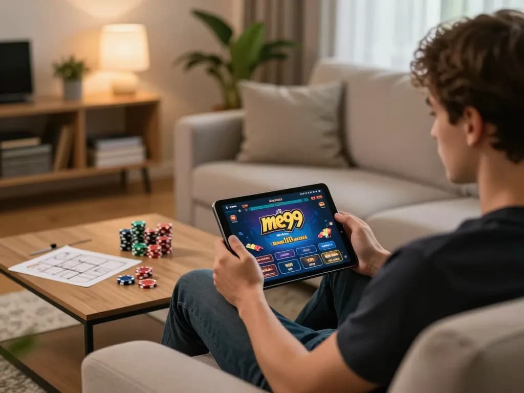 Player enjoying the me99 casino app on a tablet in a cozy home setting, emphasizing engagement and strategy.