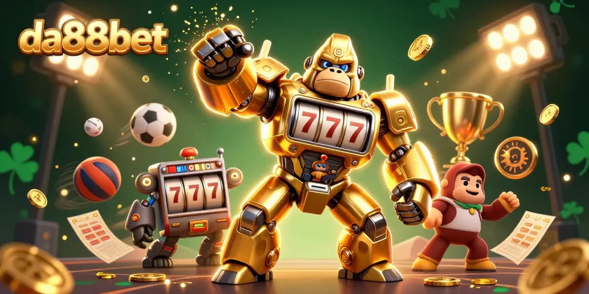 Experience the thrill of gaming with da88bet in a vibrant 3D illustration featuring a golden gorilla mech.