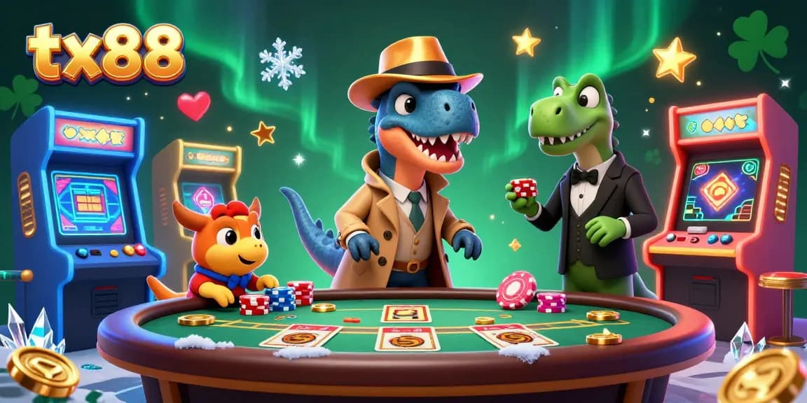 Engage in exciting gameplay at tx88 with a humorous scene of a velociraptor card counter and friends in a bustling casino.