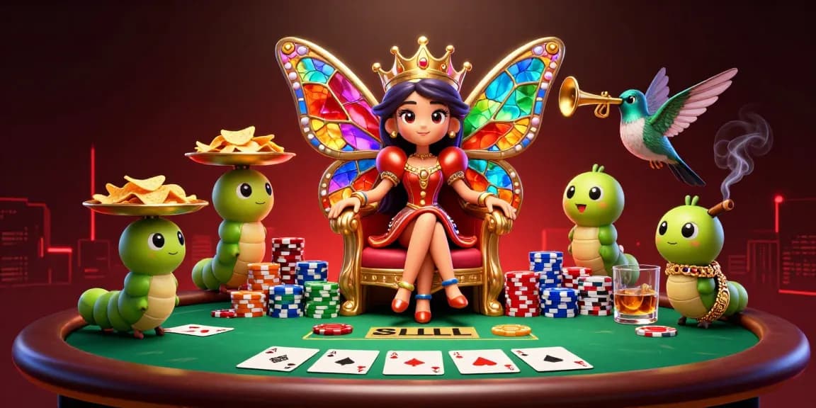 Experience thrilling moments at 333win with a vibrant casino scene featuring poker action and a captivating butterfly queen.