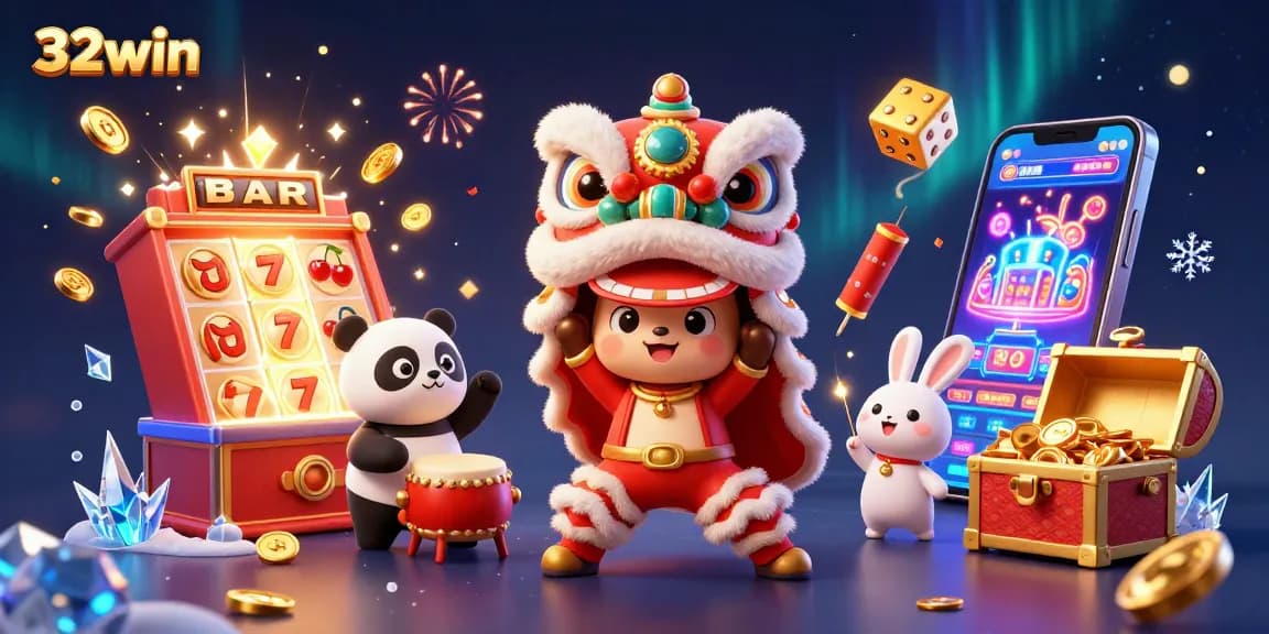 32win showcases vibrant casino excitement with lion dance and winning elements in a stunning digital scene.