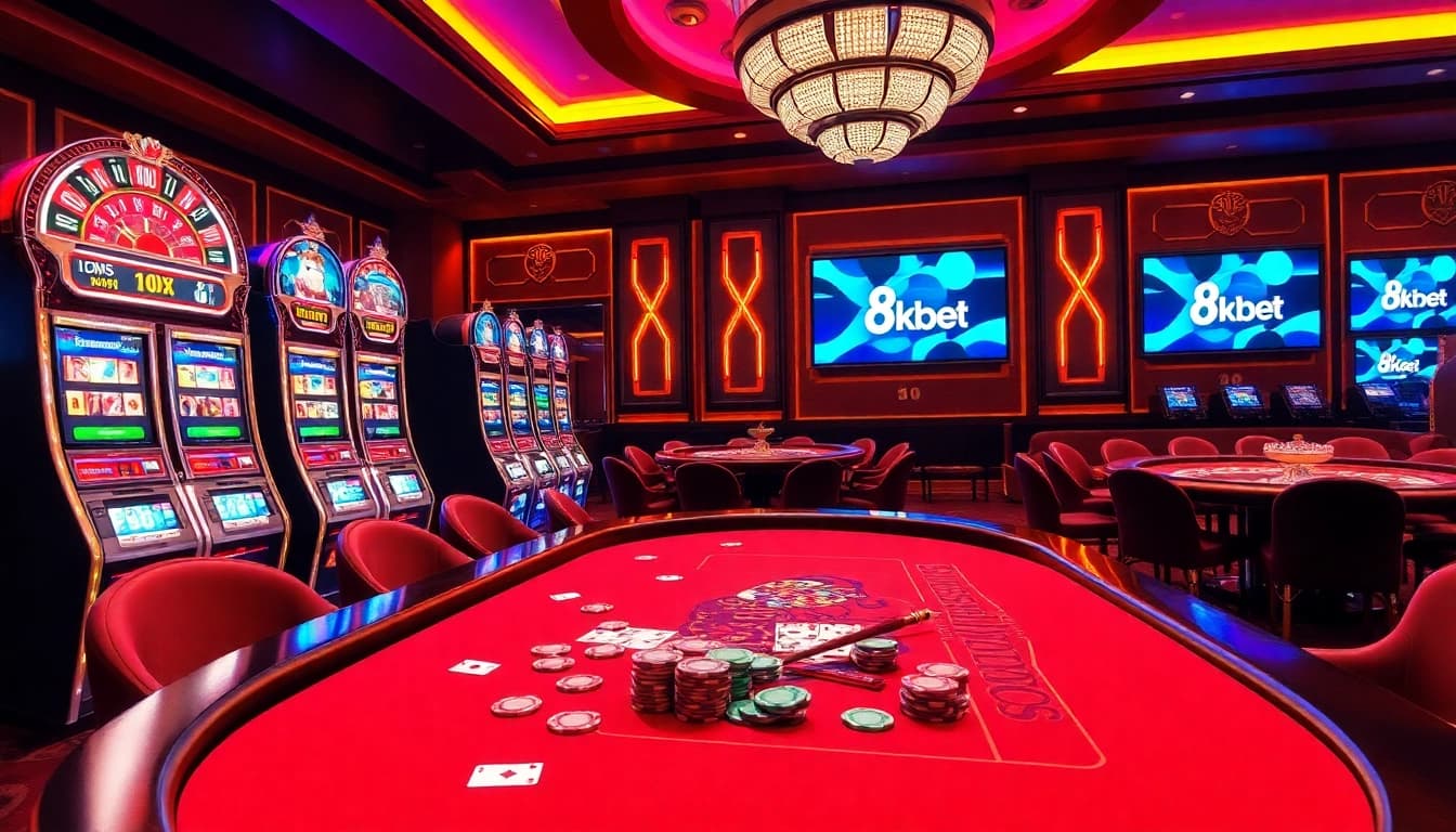 A vibrant casino scene highlighting the excitement of 8kbet with elegant tables and slot machines.