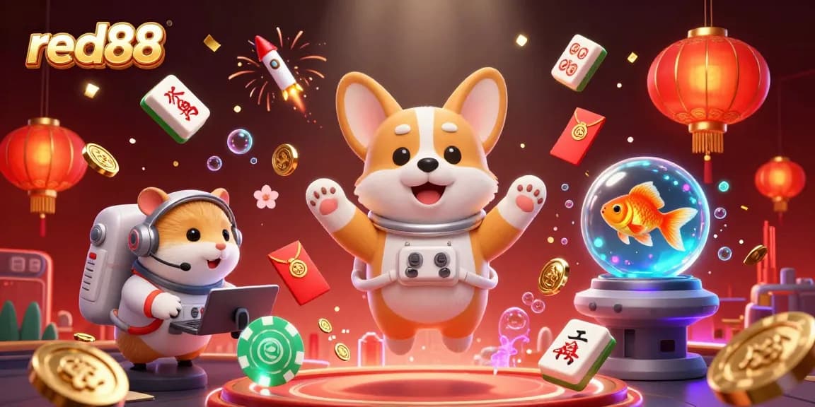 Join the fun with red88 in a zero-gravity casino setting, featuring vibrant characters and floating treasures.