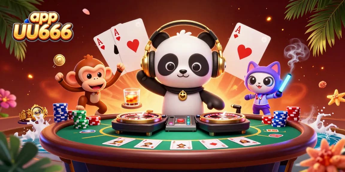 Spin wins in app UU666 with a vibrant DJ panda and animated casino characters!
