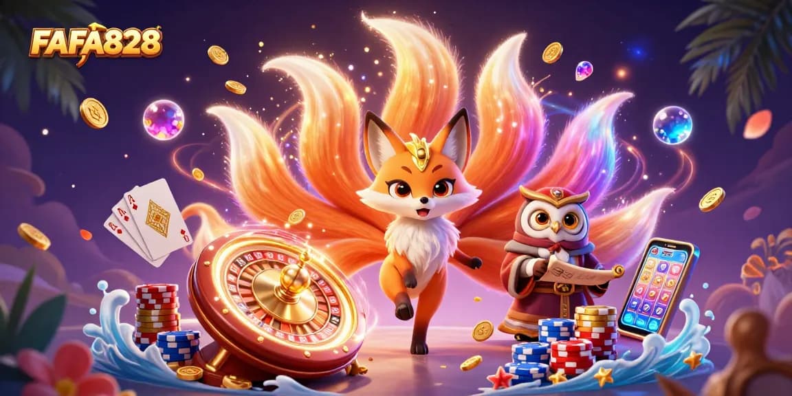 FAFA828 revitalizes gameplay with a vibrant scene of a nine-tailed fox and owl amidst casino treasures.