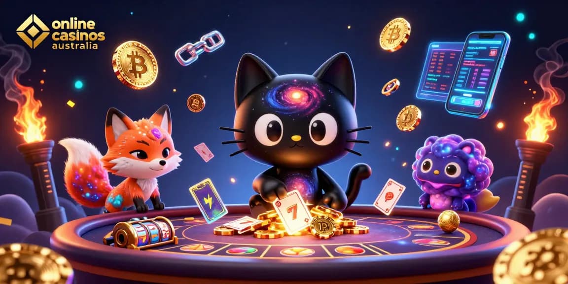 Engaging scene of online casinos Australia with a cosmic theme, featuring a black hole cat and colorful gas fox.