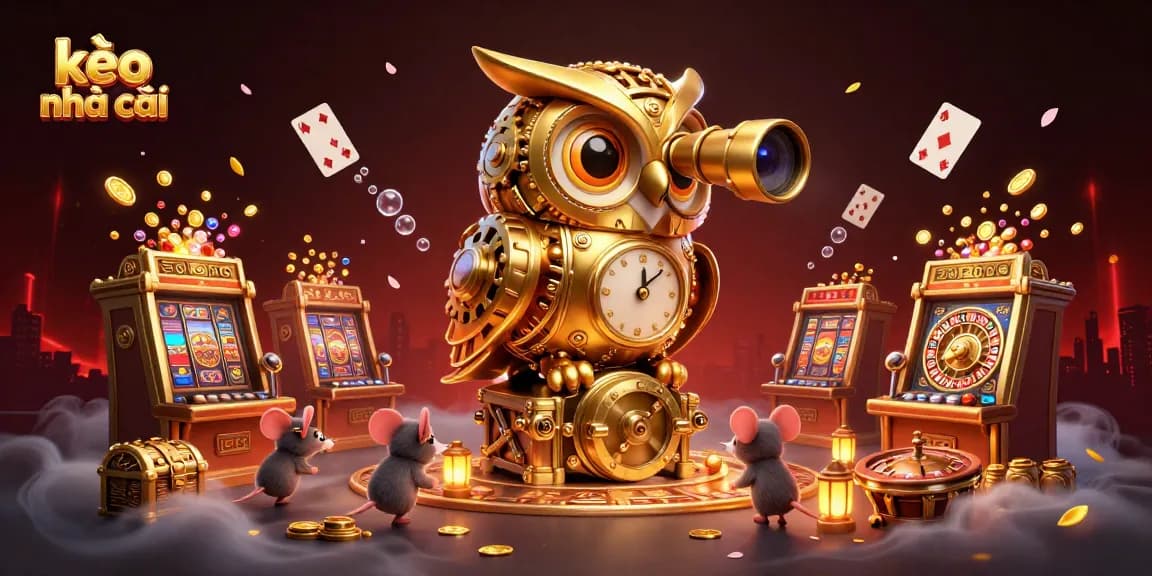 Engage with kèo nhà cái through a vibrant casino scene featuring a golden owl and lively mice.