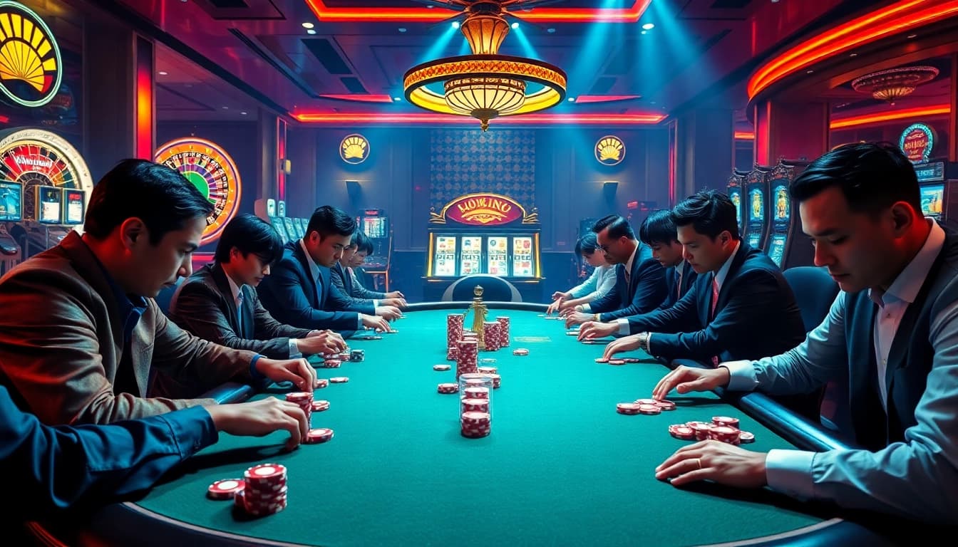 High-stakes poker game at a luxury casino, embodying Liên Minh KJC's excitement and professionalism.
