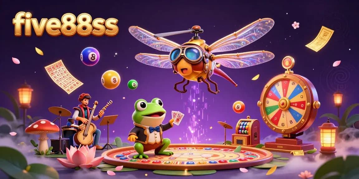 Play to win big with five88sss at a vibrant lily pad casino, showcasing a lively 3D scene.