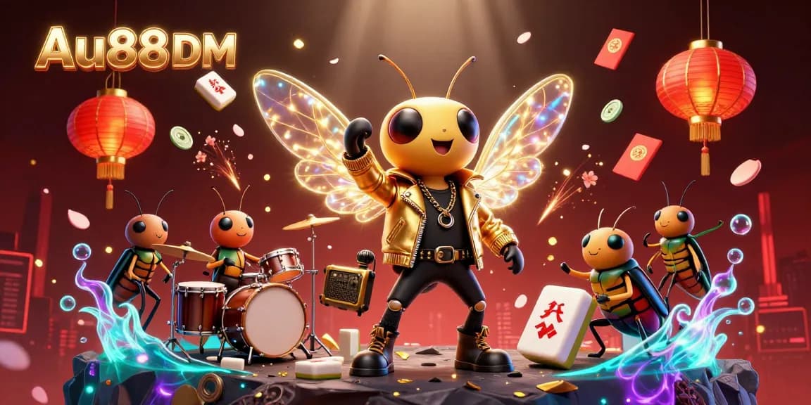 Experience excitement with Au88 DM, vibrant casino action featuring a cicada rock star and golden game elements.