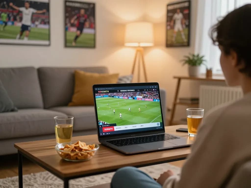 Xoilactv streaming soccer match on a cozy living room laptop setup