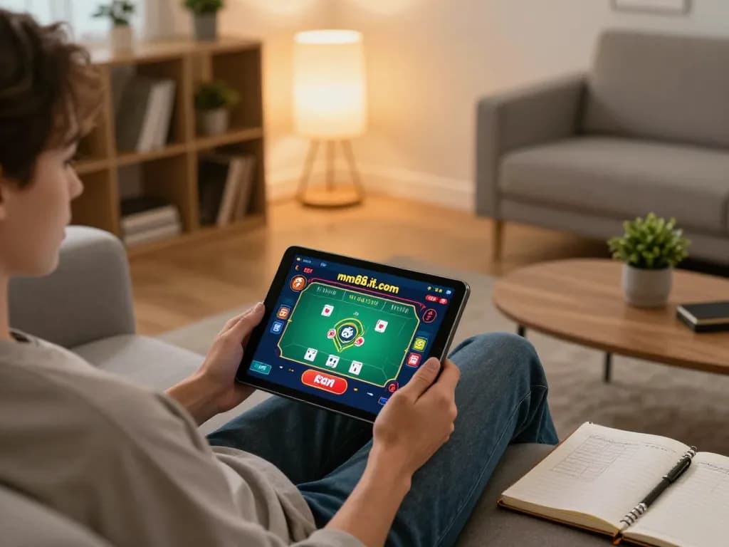 Player enjoying online gambling on mm88.it.com with poker game displayed on tablet, cozy environment.