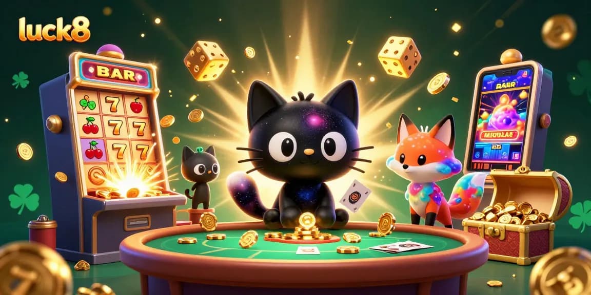 Luck8 enchants players with a cosmic casino scene featuring a charming black hole cat and a nebula fox companion.