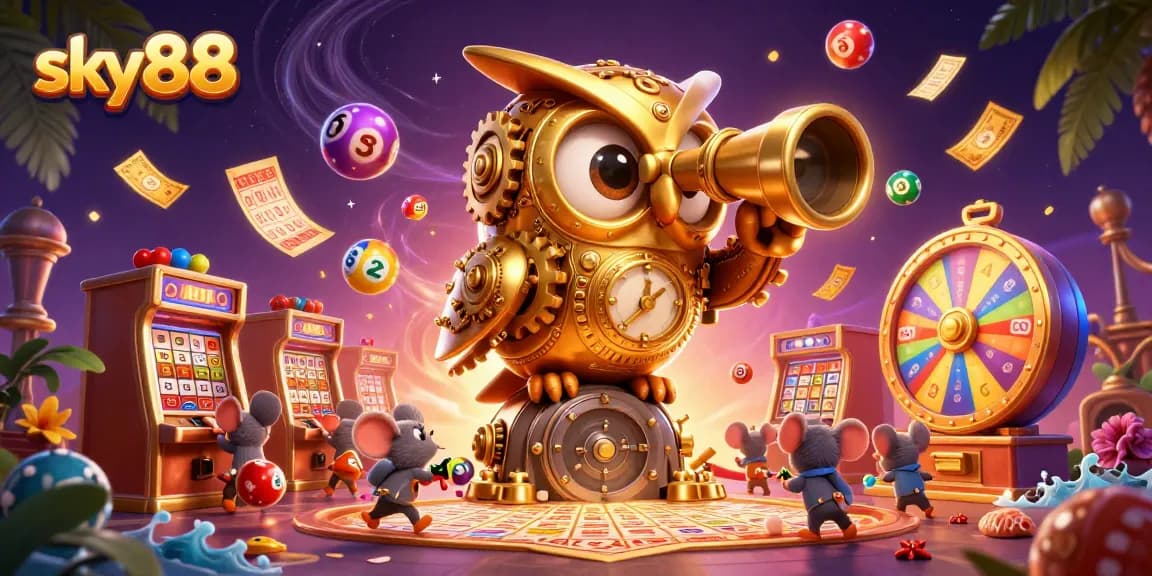 Experience thrilling chances at sky88 with a dynamic digital casino illustration showcasing vibrant lottery elements.
