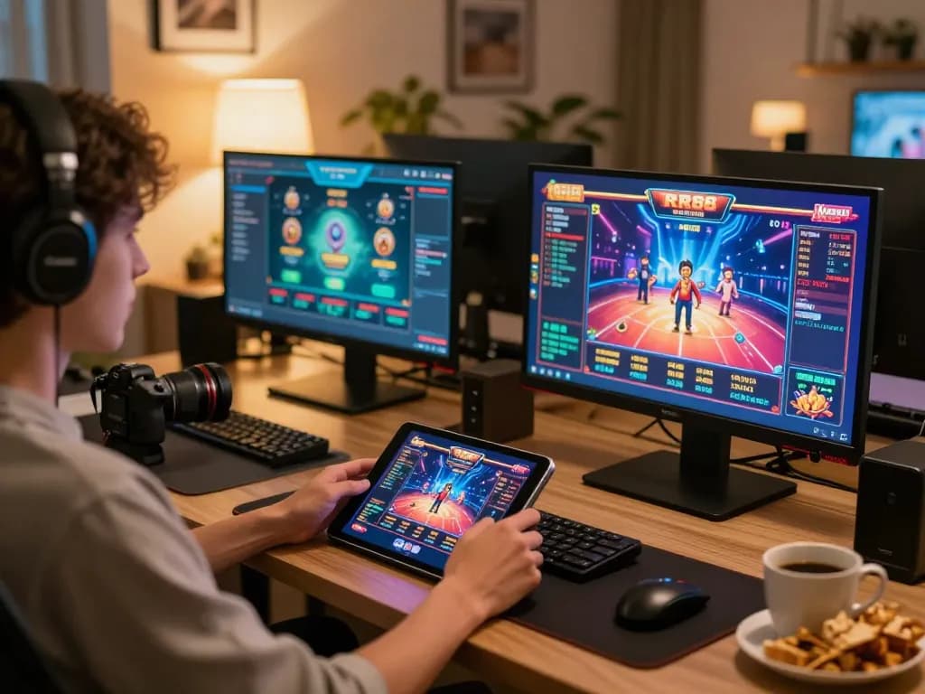 Engaging player enjoying RR88 games on tablet in modern home gaming setup, showcasing online strategy and comfort.