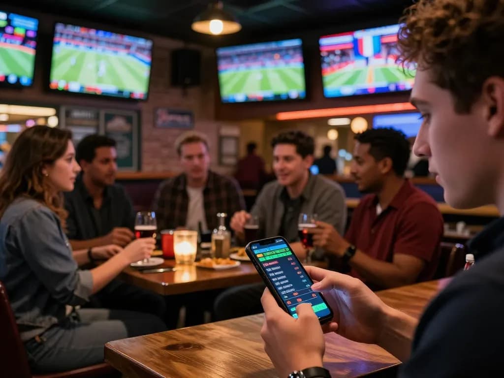 Tỷ lệ kèo nhà cái hôm nay being analyzed on a smartphone amidst fans celebrating in a lively sports bar environment