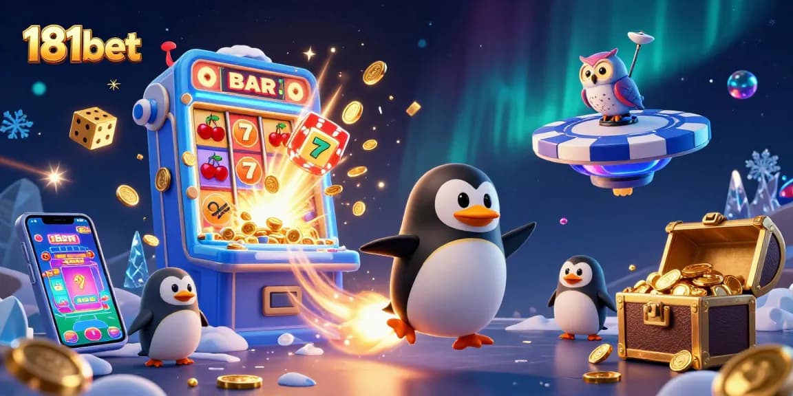 Engage with thrilling games at 181bet, featuring a dynamic jackpot explosion and a golden penguin in a vibrant casino setting.