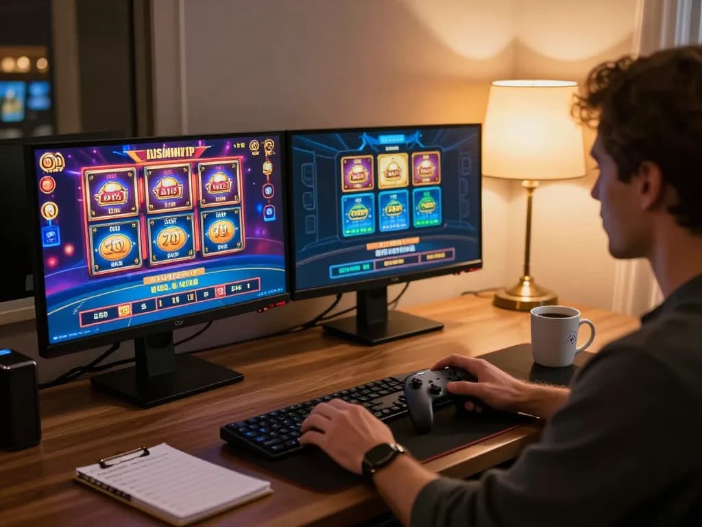 Engage with cm88 online slots in a stylish gaming setup featuring vibrant screens and strategic notes.