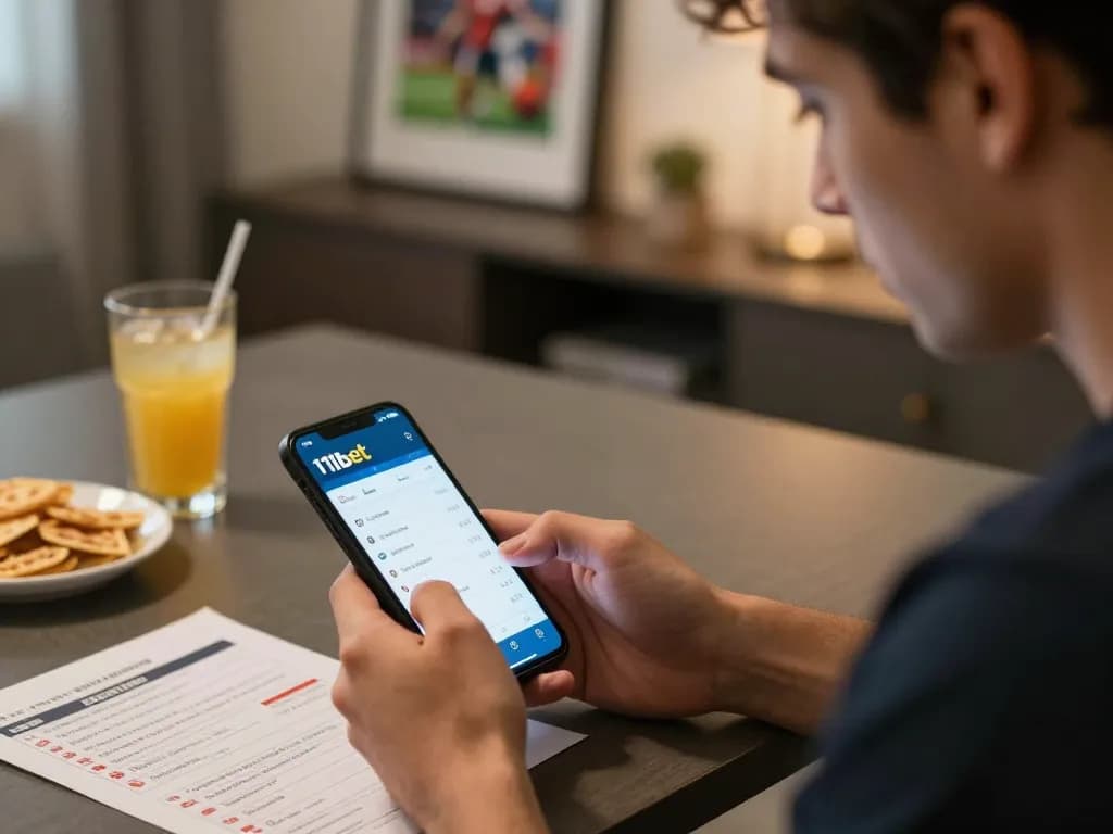 Engaged player using the 11bet mobile app for sports betting in a casual home setting.