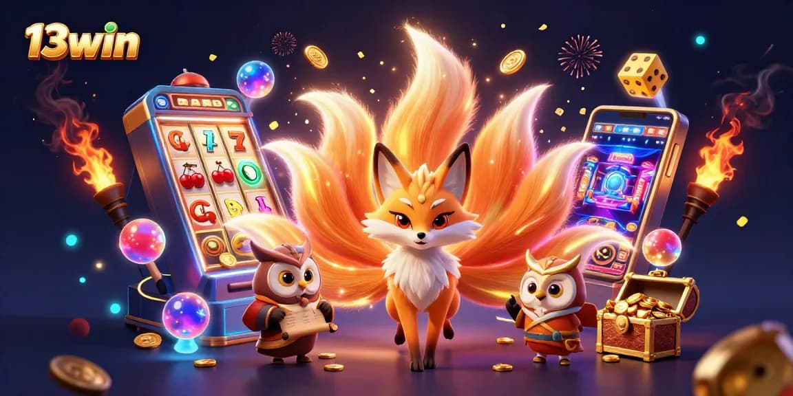 Win big with 13win's vibrant casino scene showcasing jackpots and spirit characters.