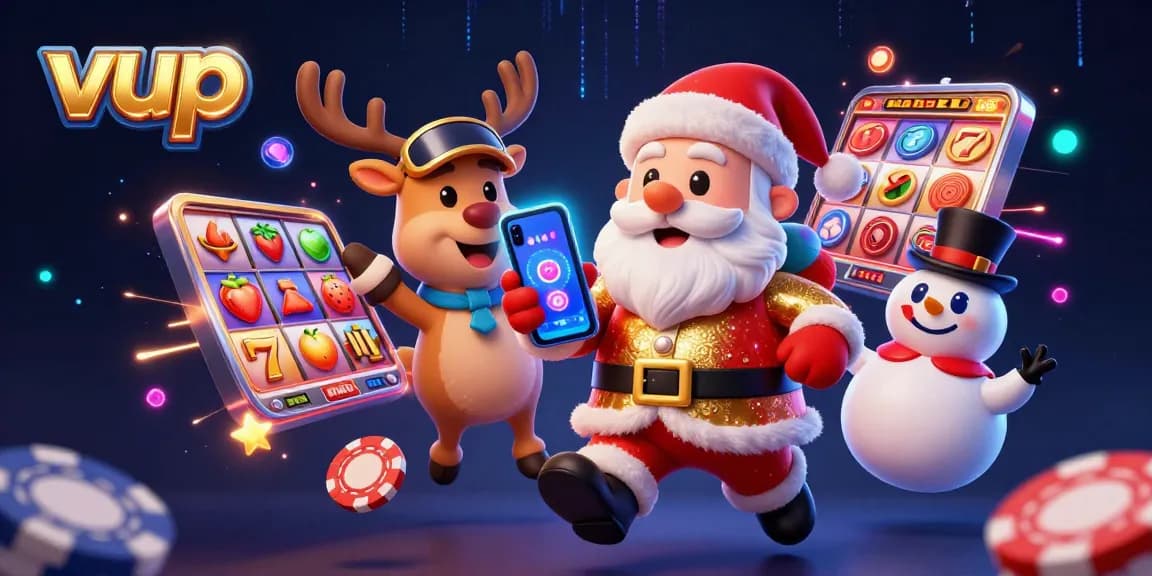 Engage in thrilling jackpot slots with vup, as Santa, a deer dealer, and a poker chip snowman celebrate wins in a vibrant casino.