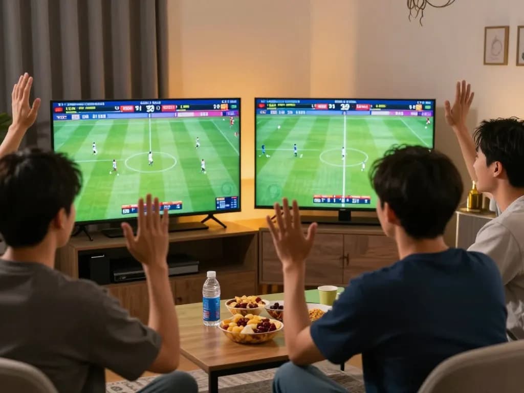 Engaged sports betting enthusiast watching live bóng đá trực tiếp match with excitement and betting apps.