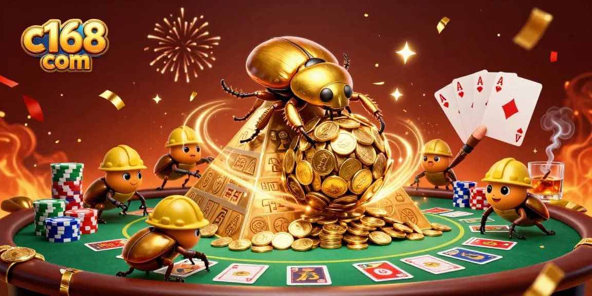 Engage with c168 com's exciting casino thrills, featuring golden beetles rolling coin pyramids and dynamic poker elements.