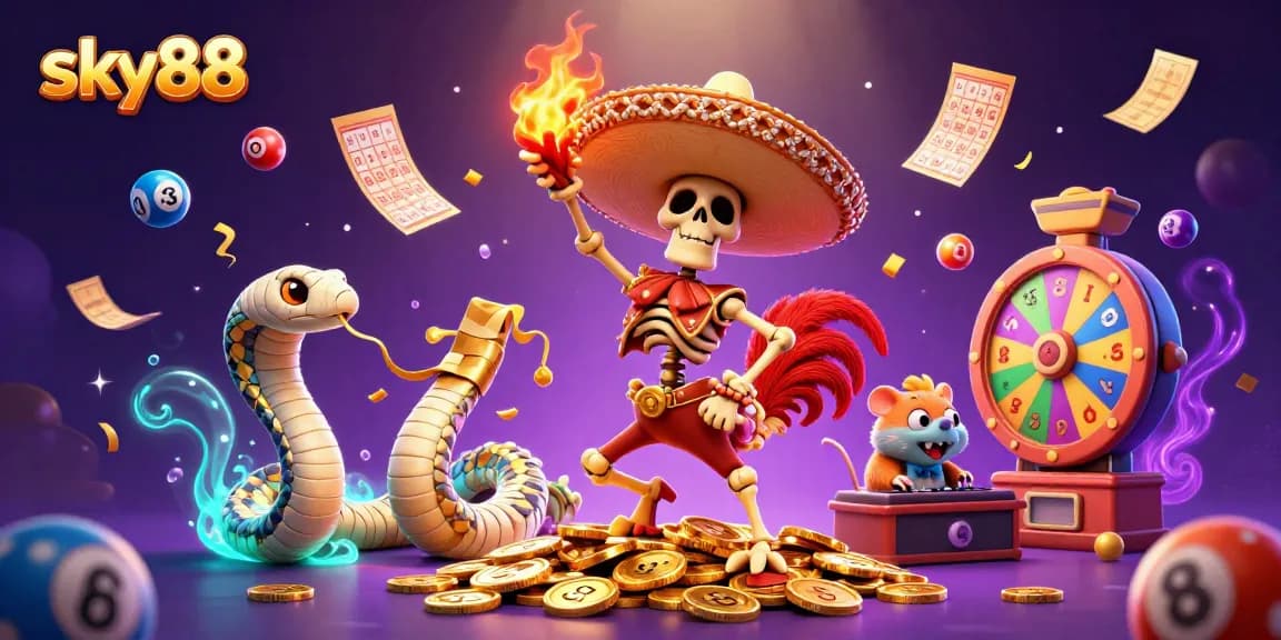 Experience thrilling gameplay at sky88 with energetic characters surrounded by lively lottery elements.