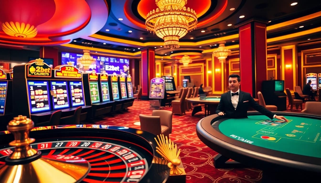 E2bet gamers placing bets at a luxurious online casino with vibrant slot machines and a roulette wheel.