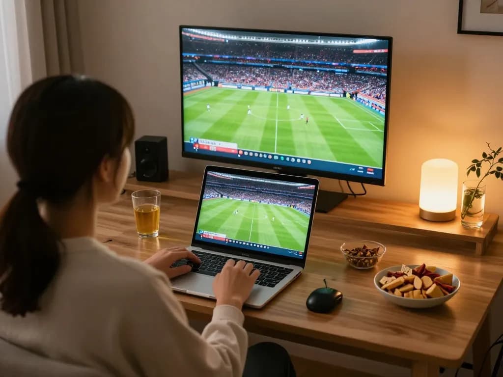 Enjoying bóng đá trực tiếp on a laptop at home with exciting visuals and snacks.