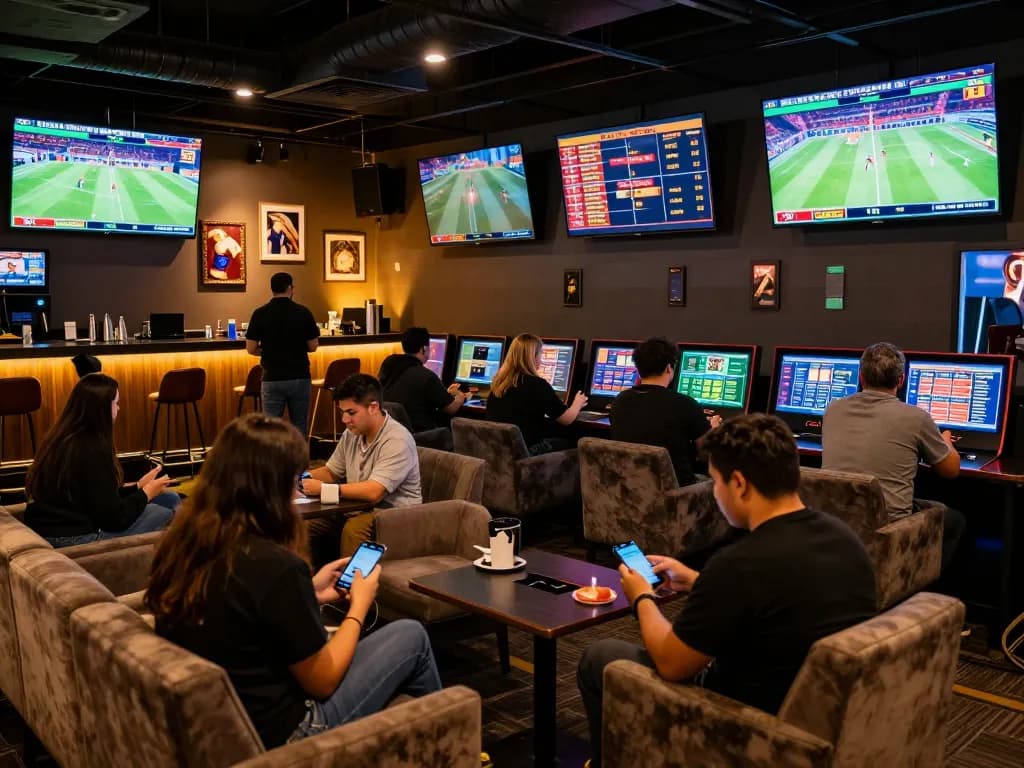 Energetic patrons enjoying sports betting at FUN79's upscale lounge with multiple screens.