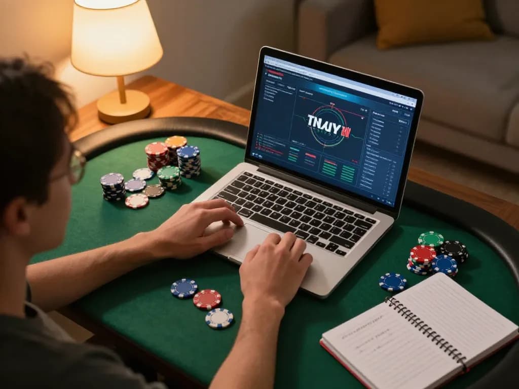 Player engaged in online poker at home, contemplating strategy with chips around, showcasing 789f gaming experience