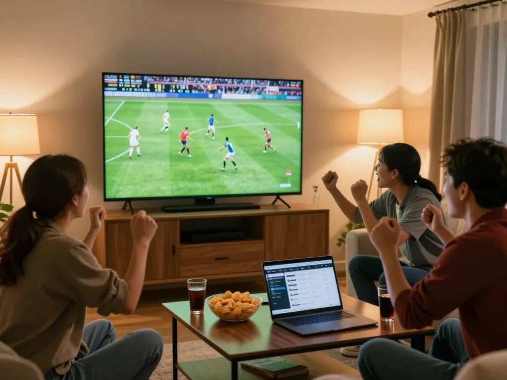 Enjoy a thrilling experience of bóng đá trực tiếp with friends watching a live football match, accompanied by snacks and betting apps.